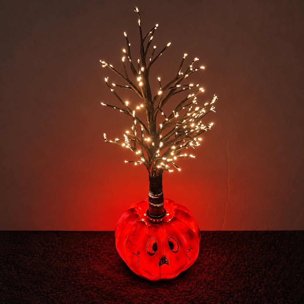 Vintage Halloween Fiber Optic Pumpkin Tree Light Up Tabletop Decor Works